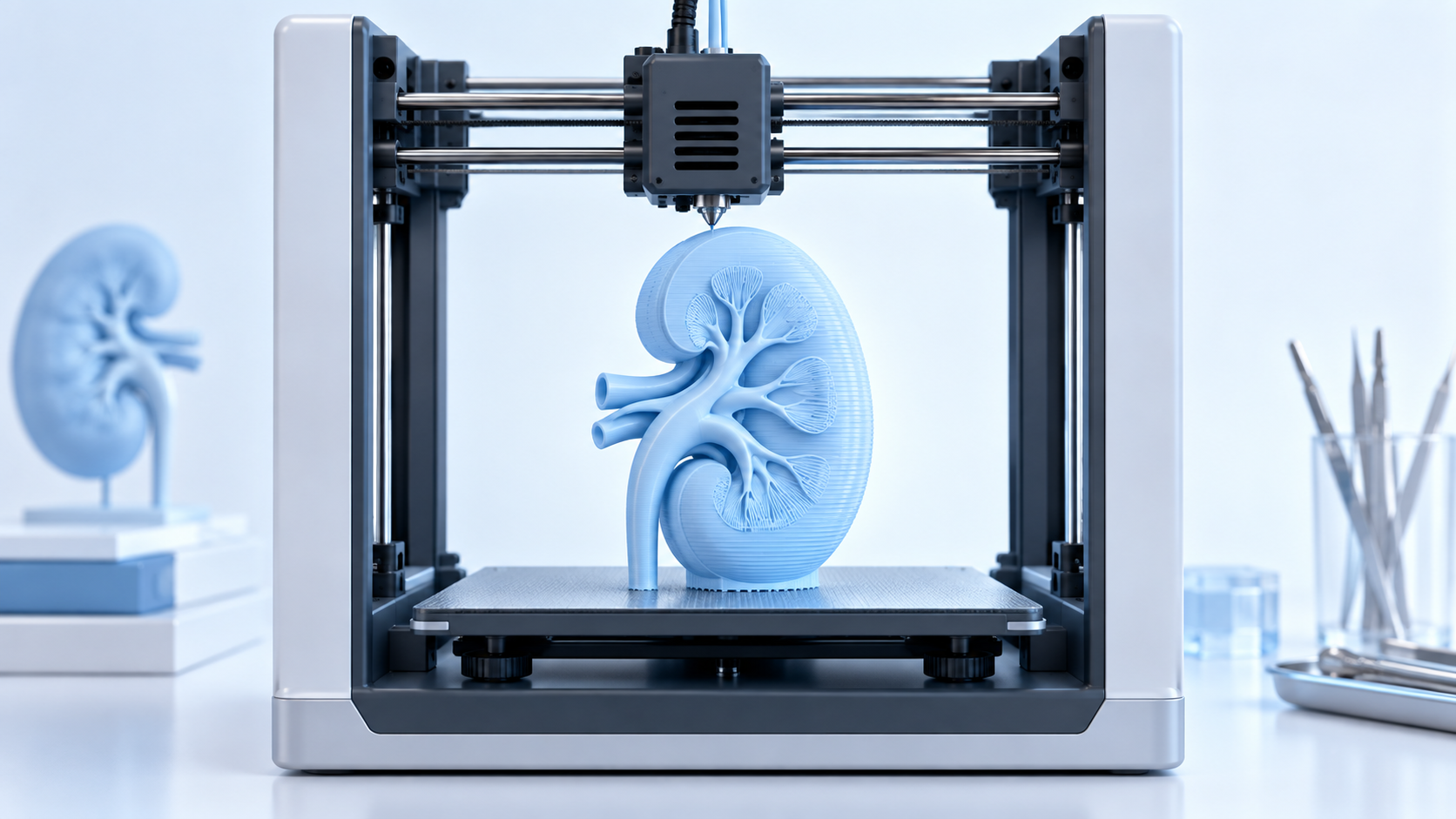 Illustration d’une imprimante 3D fabriquant un modèle anatomique de rein.