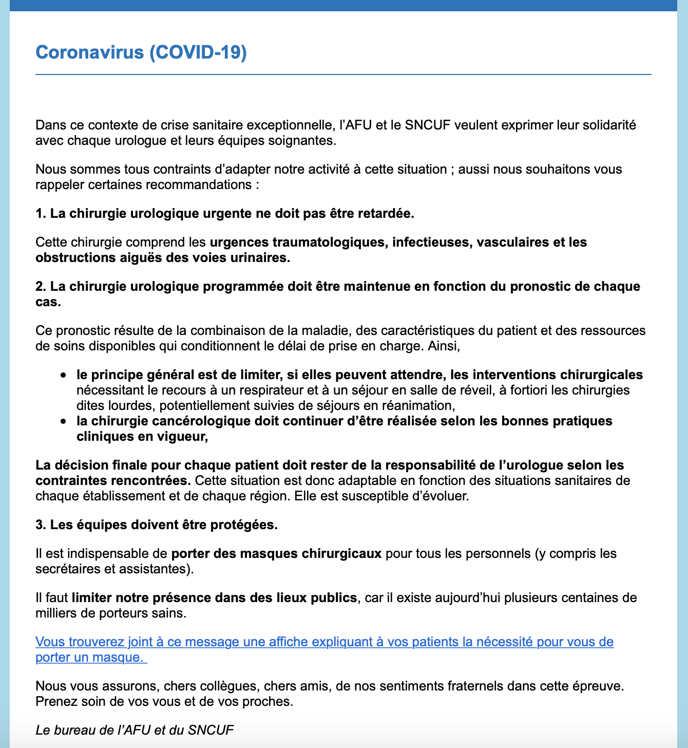 mesures de limitation d'activité recommandées par l'AFU en rapport avec le COVID19