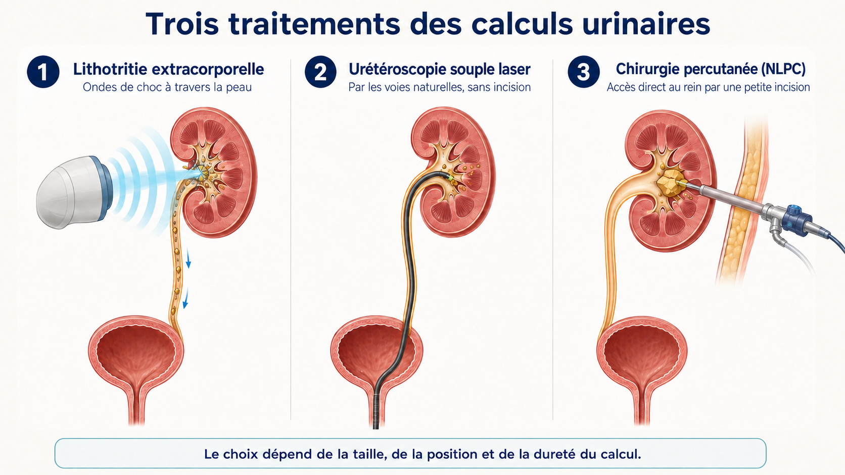 Schéma : les trois traitements des calculs urinaires — lithotritie extracorporelle par ondes de choc, urétéroscopie souple avec laser par les voies naturelles, chirurgie percutanée (NLPC) pour les calculs volumineux
