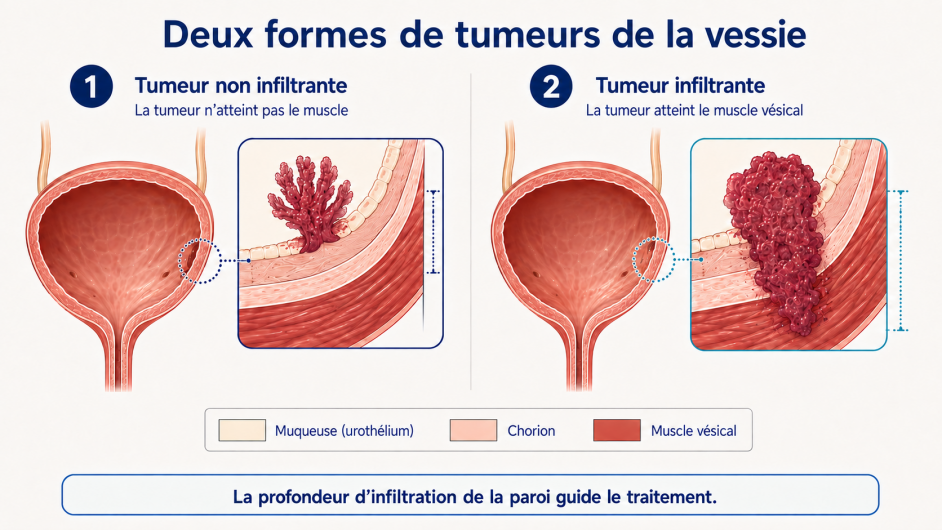 Schéma : tumeur superficielle de la vessie (limitée à la muqueuse) et tumeur infiltrante (atteignant le muscle vésical)