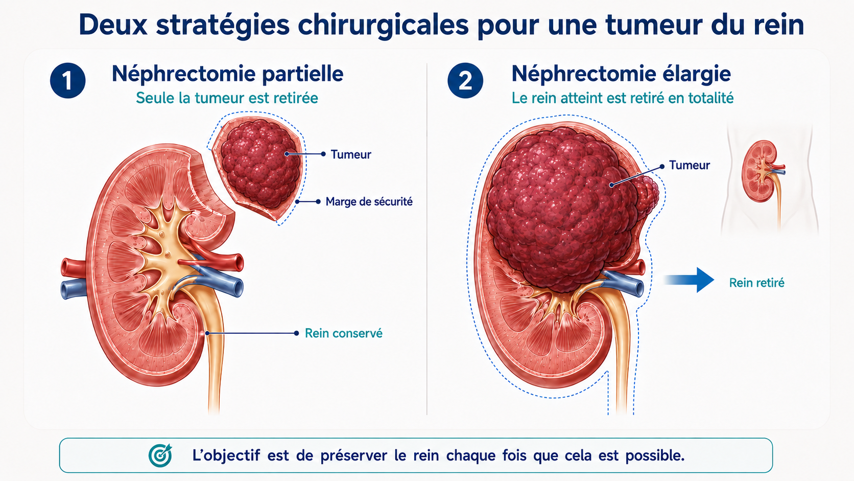 Schéma : néphrectomie partielle (seule la tumeur est retirée, le rein est conservé) et néphrectomie élargie (le rein porteur de la tumeur est retiré en totalité)