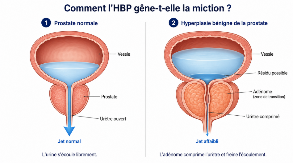Schéma : prostate normale et hyperplasie bénigne de la prostate — l'adénome comprime l'urètre, la vessie ne se vide plus complètement et un résidu post-mictionnel persiste