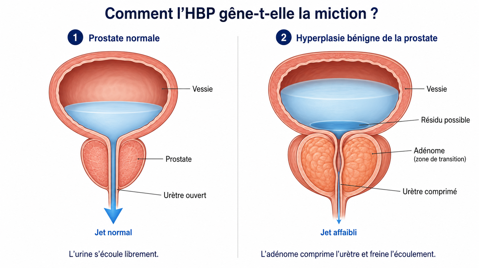 Schéma : prostate normale et hyperplasie bénigne de la prostate — l'adénome comprime l'urètre, la vessie ne se vide plus complètement et un résidu post-mictionnel persiste