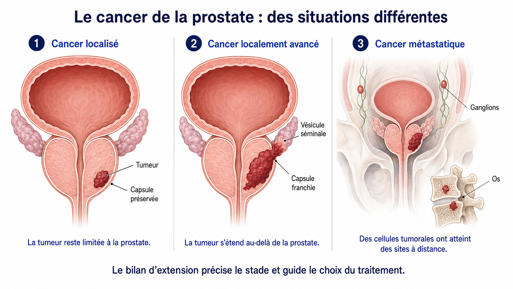 Schéma : les stades du cancer de la prostate — tumeur localisée limitée à la prostate, tumeur localement avancée franchissant la capsule, et maladie métastatique avec atteintes à distance