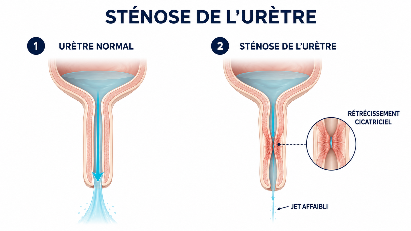 Schéma : urètre normal, au jet large, et urètre rétréci par une cicatrice fibreuse, responsable d'un jet affaibli