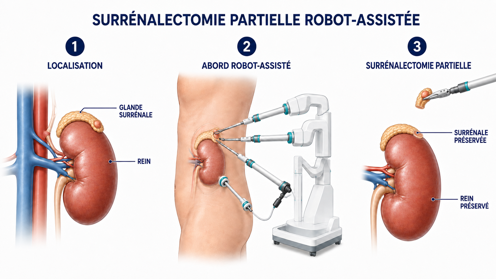 Schéma : surrénalectomie partielle robot-assistée, la glande surrénale et le rein sont préservés