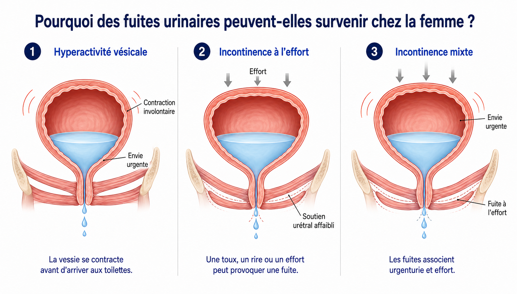 Schéma des trois mécanismes de fuites urinaires chez la femme : hyperactivité vésicale, incontinence à l'effort et incontinence mixte
