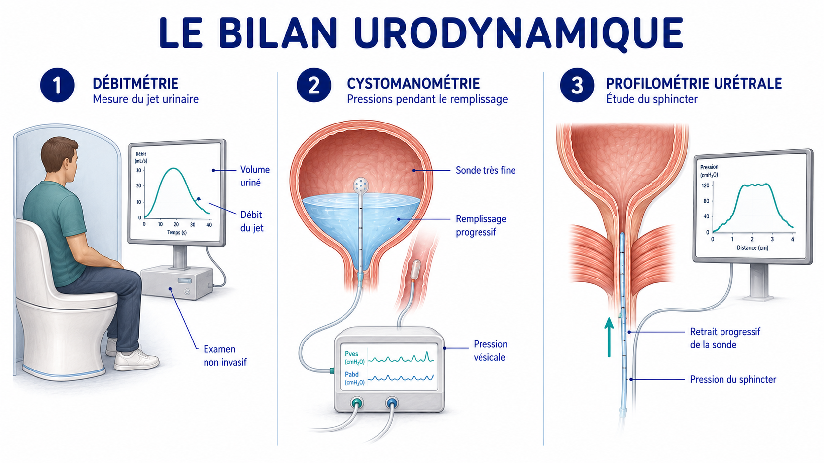 Schéma du bilan urodynamique : débitmétrie, cystomanométrie et profilométrie urétrale