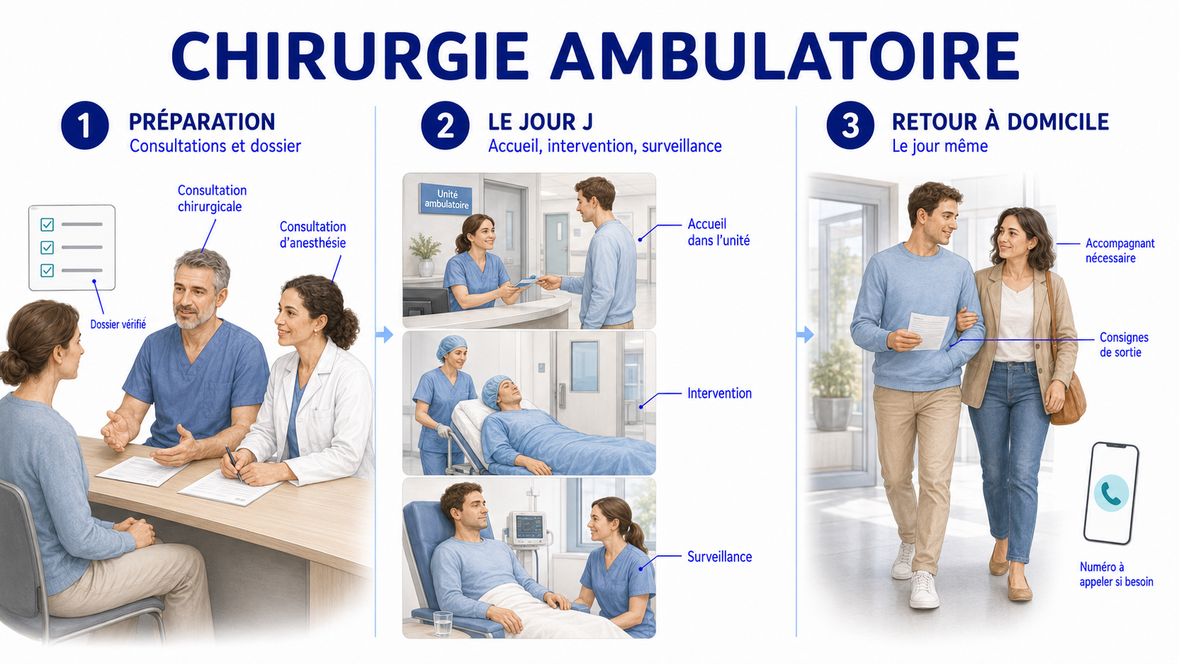 Schéma du parcours de chirurgie ambulatoire : préparation et consultations, le jour de l'intervention, retour à domicile le jour même
