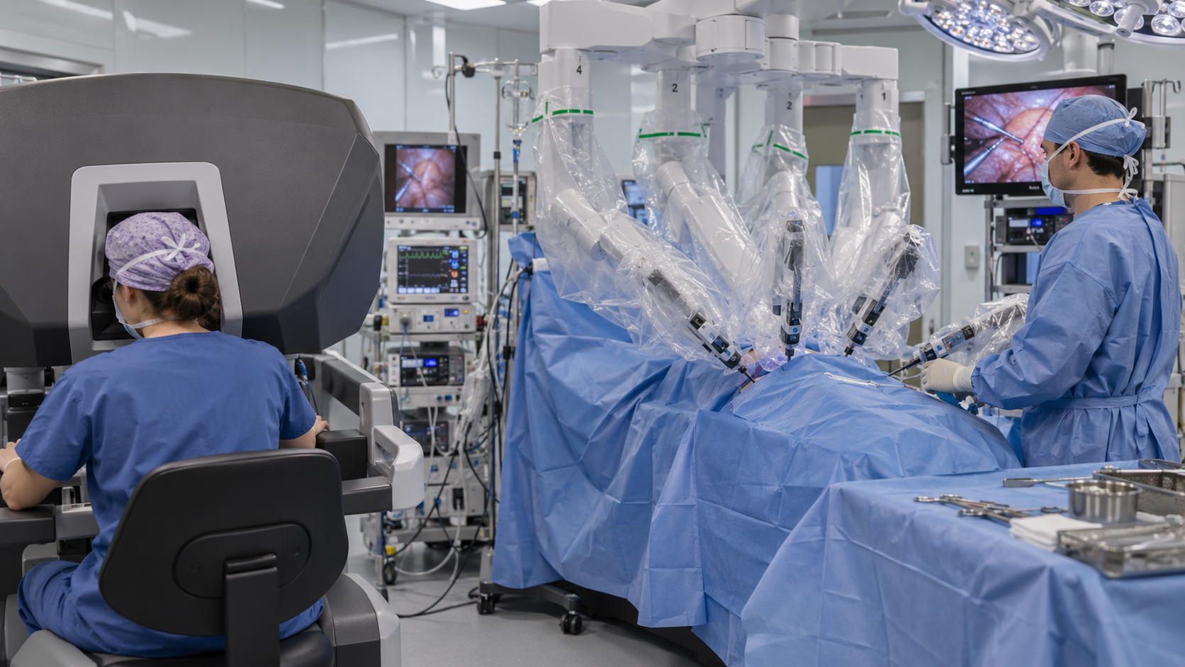 Illustration de chirurgie robot-assistée avec une chirurgienne à la console et un chirurgien au champ opératoire