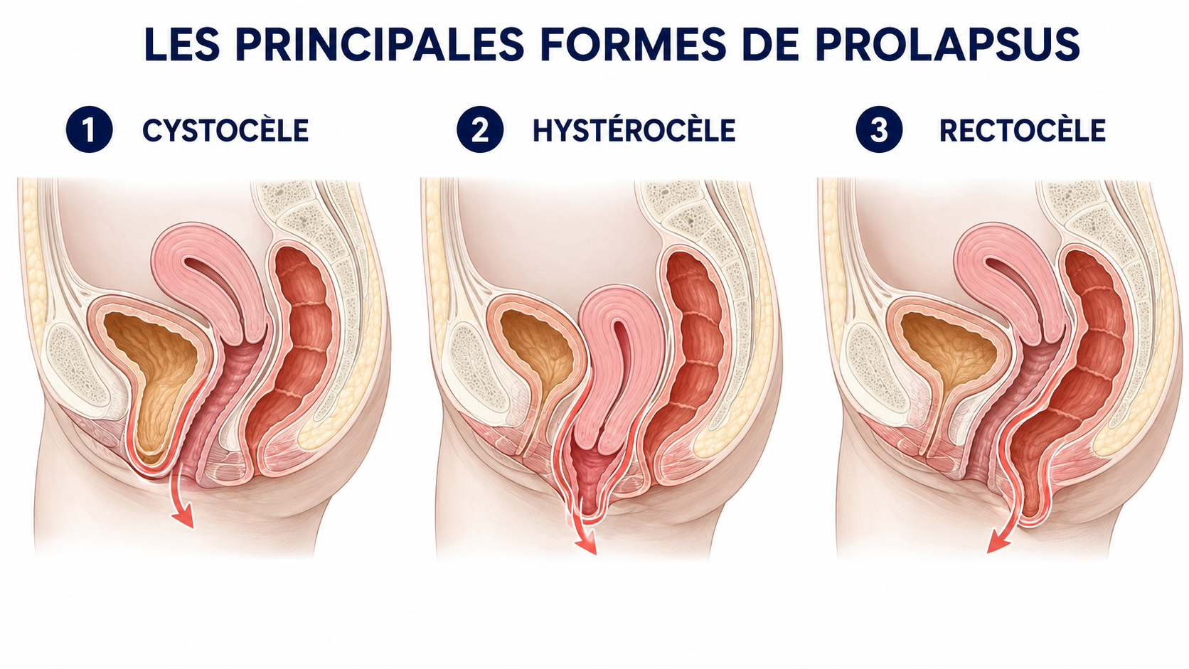 Schéma des trois principales formes de prolapsus chez la femme : cystocèle, hystérocèle et rectocèle