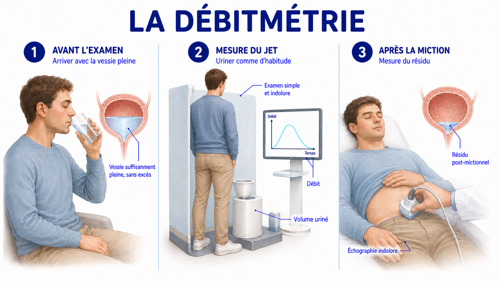 Schéma de la débitmétrie : arriver avec la vessie pleine, uriner dans le débitmètre, puis mesure du résidu par échographie