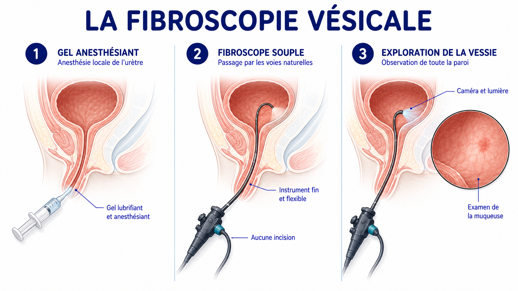 Schéma de la fibroscopie vésicale : gel anesthésiant, passage du fibroscope souple par les voies naturelles, exploration de la paroi de la vessie