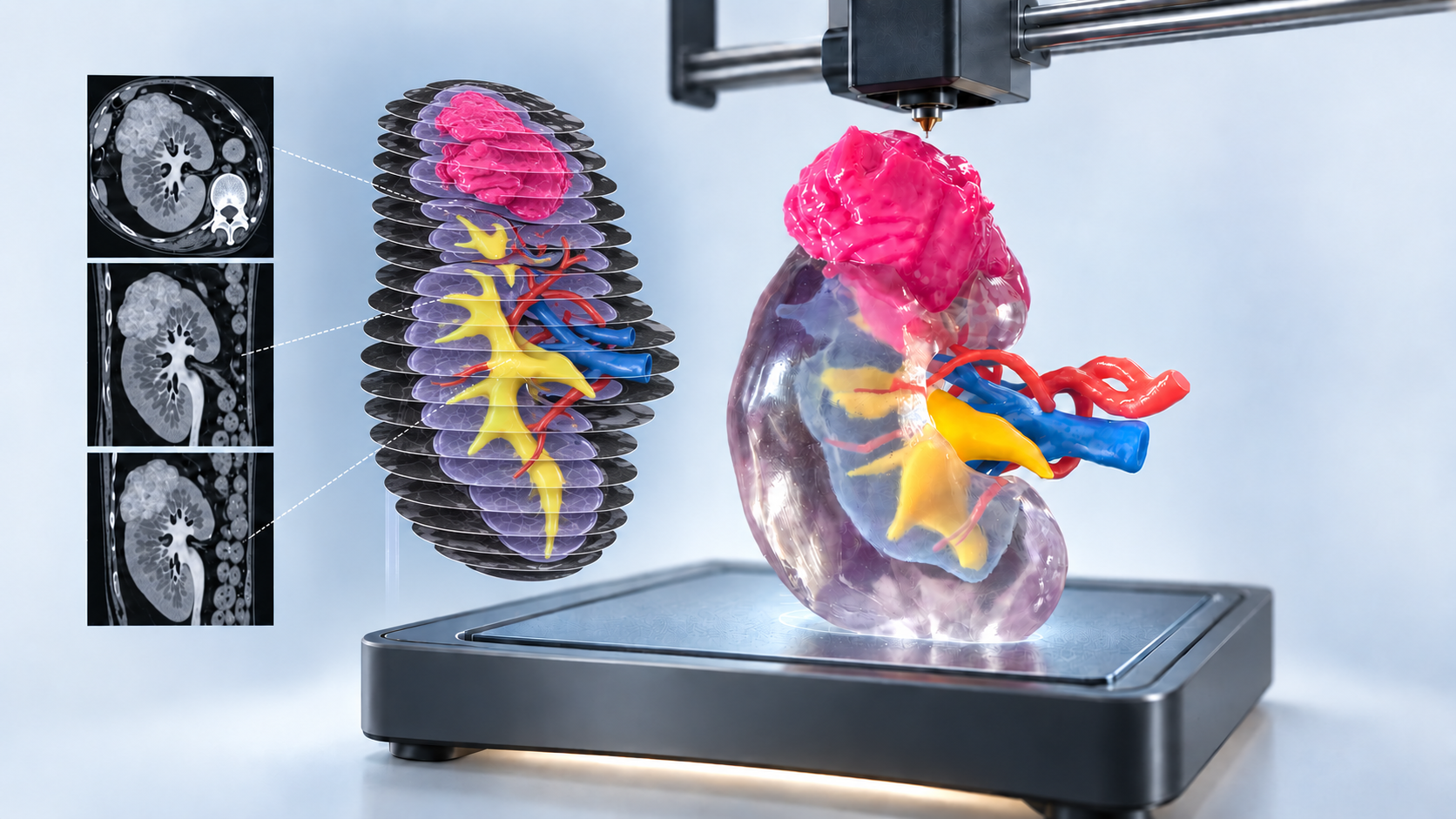 Illustration de la création d’un modèle anatomique rénal imprimé en 3D à partir d’images scanographiques