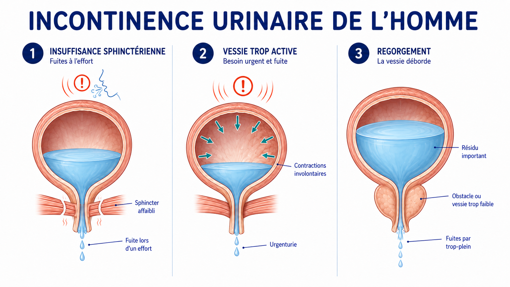 Schéma des trois mécanismes d'incontinence urinaire chez l'homme : insuffisance sphinctérienne, vessie trop active, regorgement