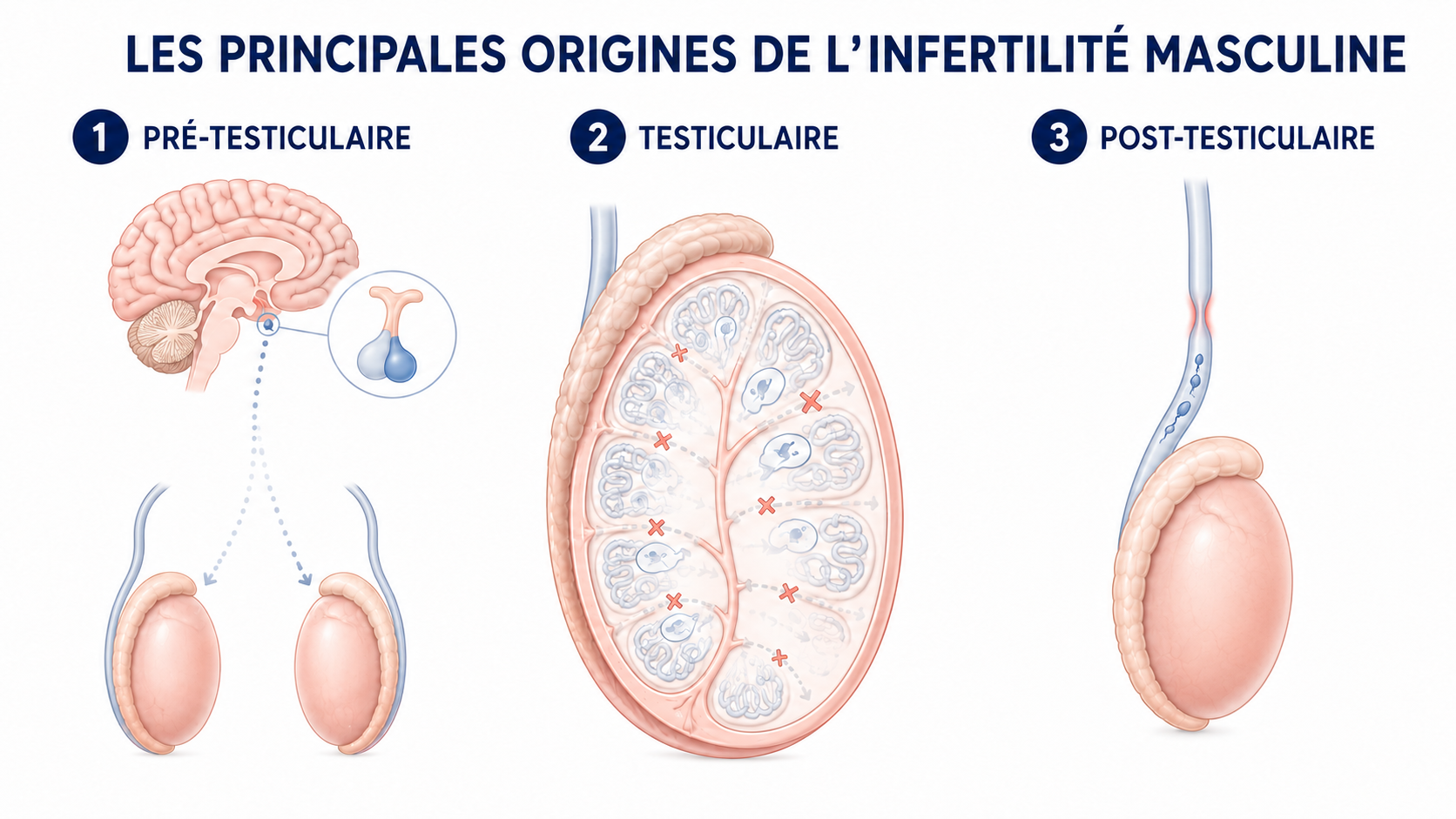 Schéma des trois origines de l'infertilité masculine : pré-testiculaire (hormonale), testiculaire (production) et post-testiculaire (obstacle sur les voies)