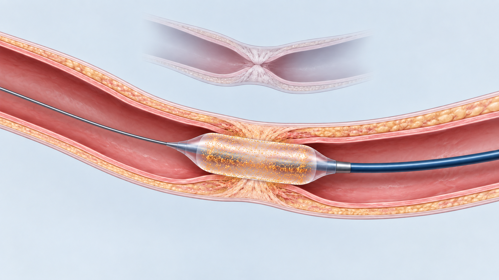 Illustration du traitement d’une sténose urétrale courte par ballonnet médicamenteux, avec diffusion locale dans le tissu fibreux