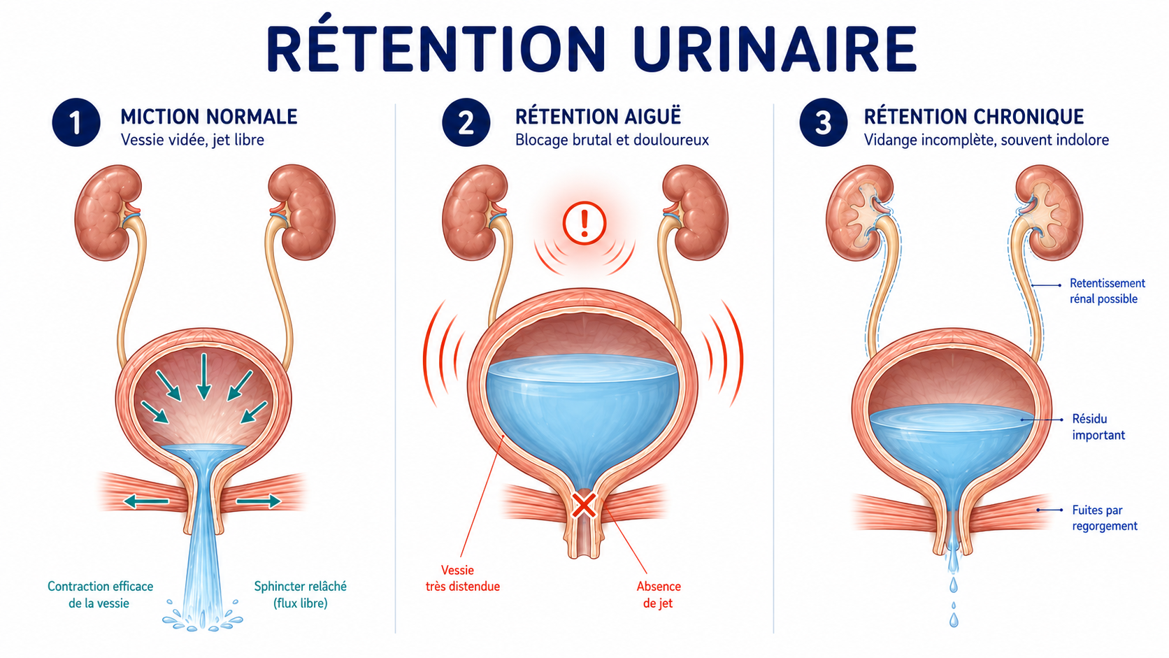 Schéma comparant une miction normale, une rétention aiguë avec vessie très distendue et une rétention chronique avec résidu important